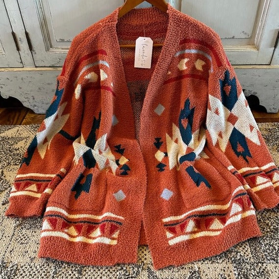 Westly Aztec Teddy Blanket Cardigan Sweater in Rust