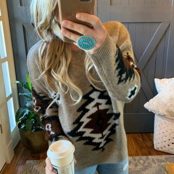 Forks Aztec Printed Pullover Crew Neck Sweater