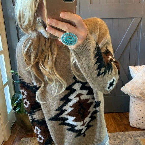 Forks Aztec Printed Pullover Crew Neck Sweater
