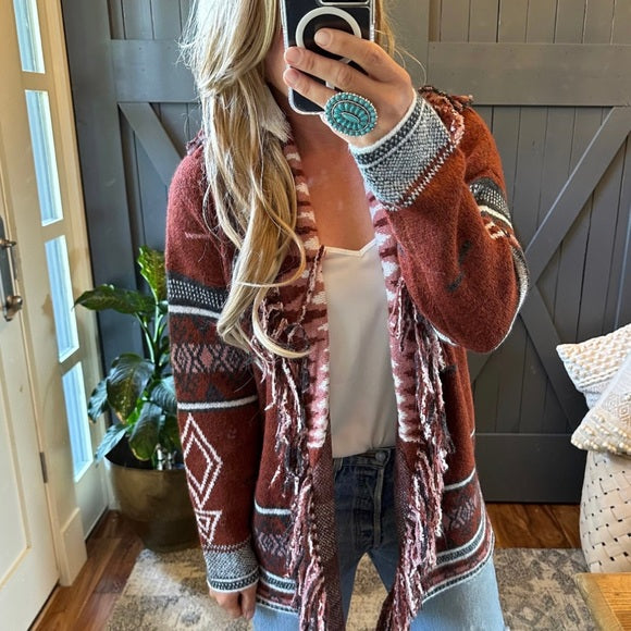 Lynden Aztec Western Print Fringed Red Cardigan Sweater