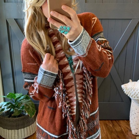 Lynden Aztec Western Print Fringed Red Cardigan Sweater