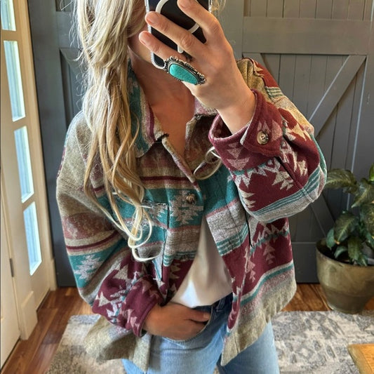 Wylie Aztec Tribal Native Print Shacket Coat