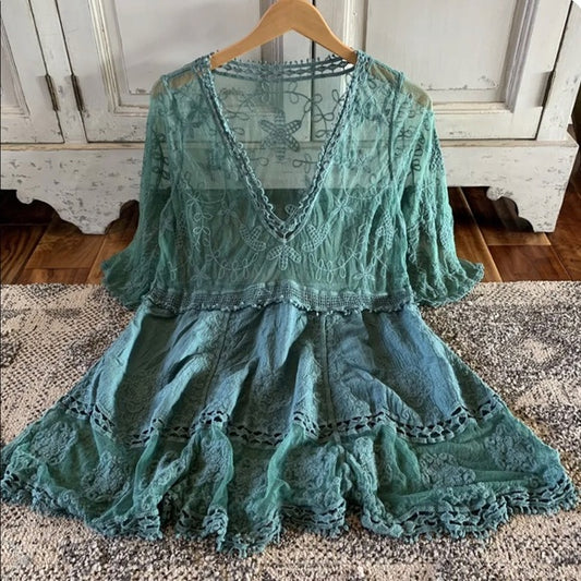 Hailey Teal Crochet Lace Blouse Bohemian Blouse - Lavender Tribe