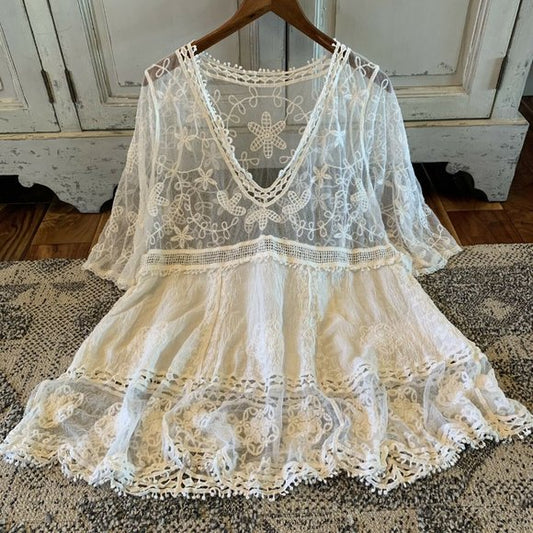 Hailey White Crochet Lace Blouse Bohemian Blouse - Lavender Tribe