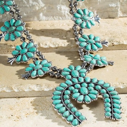 Squash Blossom Large Turquoise Stone Silver Western Necklace