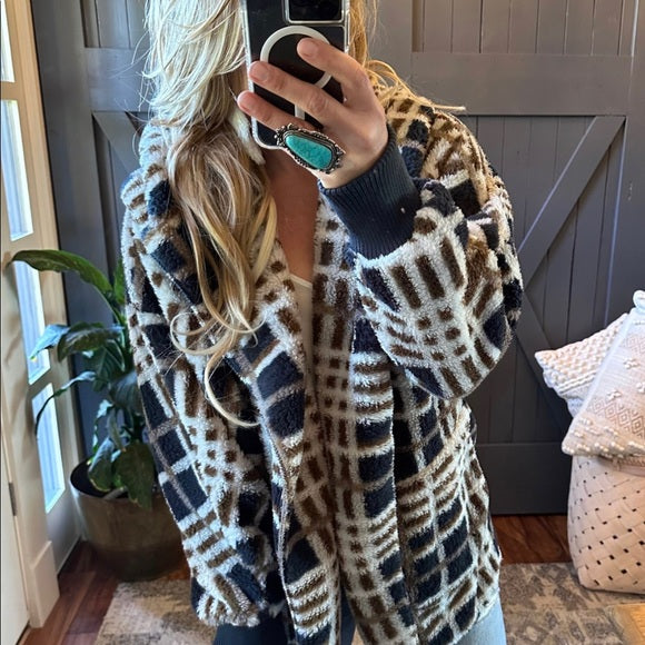 Feather Lodge Plaid Hooded Cardigan Sweater Coat