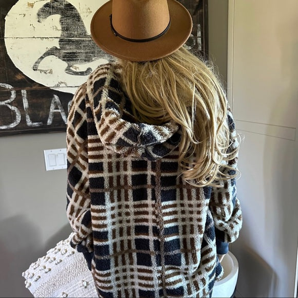 Feather Lodge Plaid Hooded Cardigan Sweater Coat