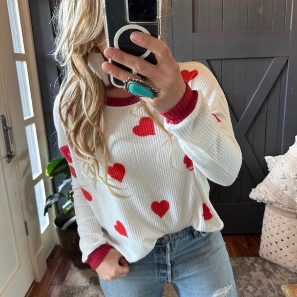 Heart Print Waffle Weave Thermal Top