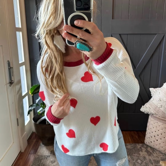 Heart Print Waffle Weave Thermal Top