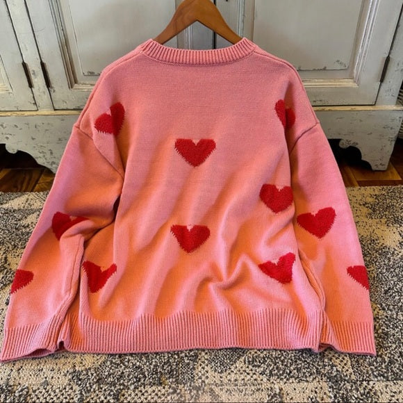 New Heart Embroidered Pink Pullover Sweater
