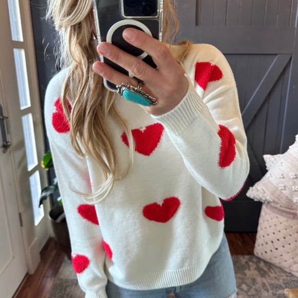 New Heart Embroidered White Pullover Sweater