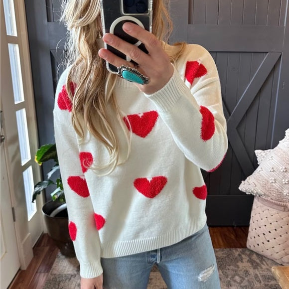 New Heart Embroidered White Pullover Sweater