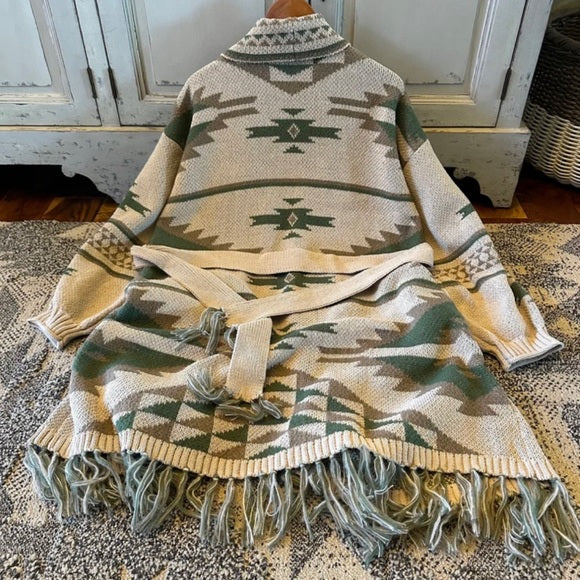 Heirloom Aztec Print Long Belted Handmade Cardigan Sweater