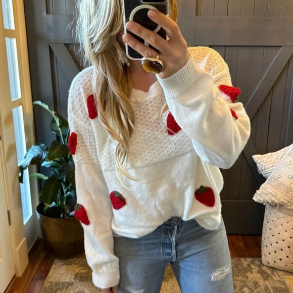 Farmer's Market Strawberry Patch White Pullover Sweater