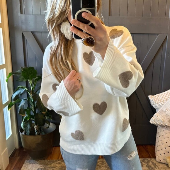 Heart Embroidered White Pullover Sweater