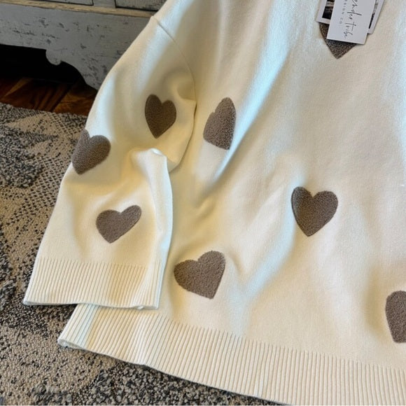 Heart Embroidered White Pullover Sweater