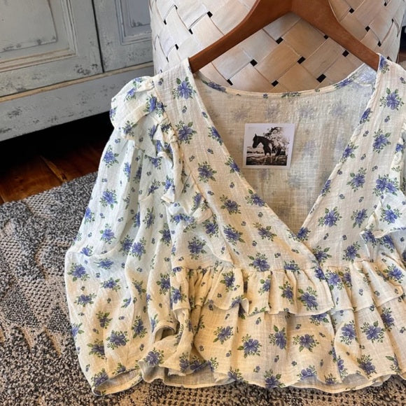 Blue Floral Cotton Gauze Blouse