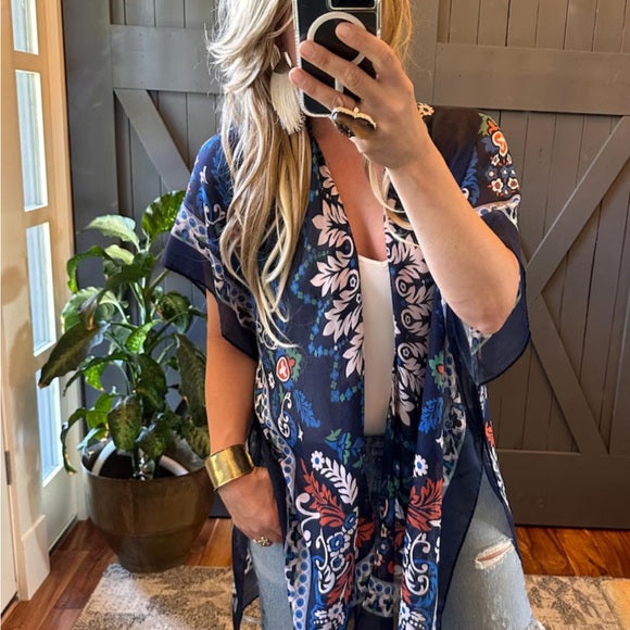 Navy Floral Kimono Cardigan