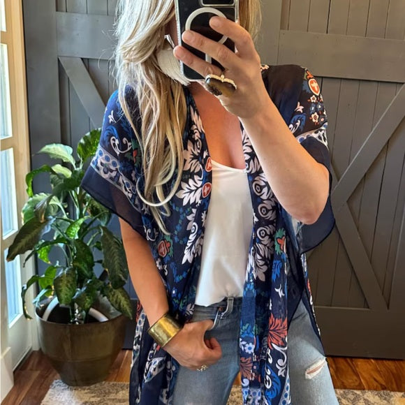 Navy Floral Kimono Cardigan