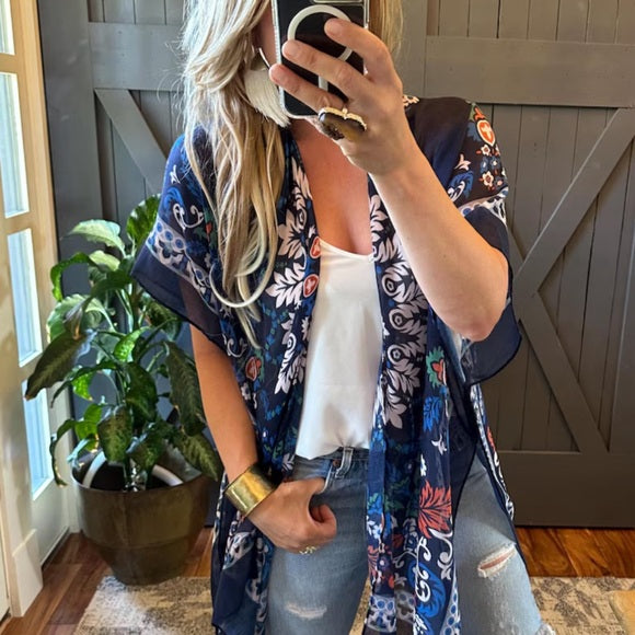 Navy Floral Kimono Cardigan