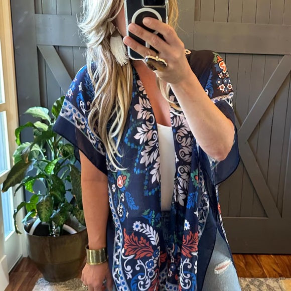 Navy Floral Kimono Cardigan