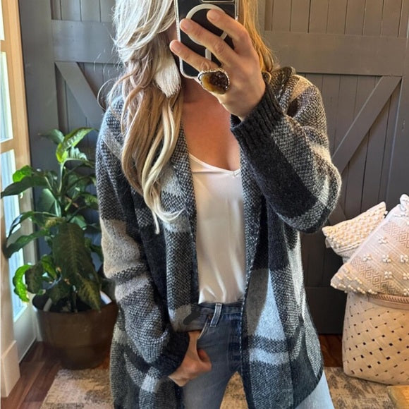 Sundance Grey Buffalo Plaid Hooded Cardigan Sweater