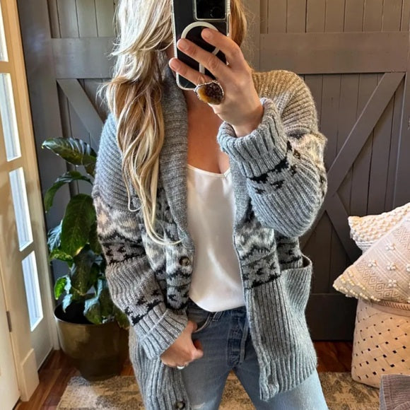 Western Cowichan Print Grey Cardigan Sweater