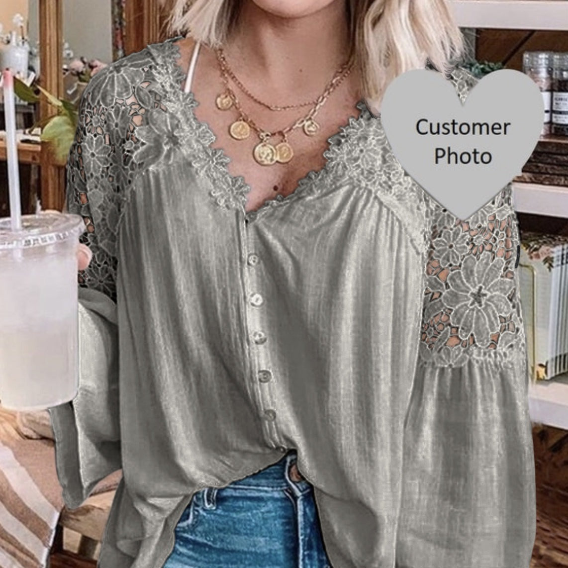 Roslyn Grey Lace Long Sleeve Button Front Blouse
