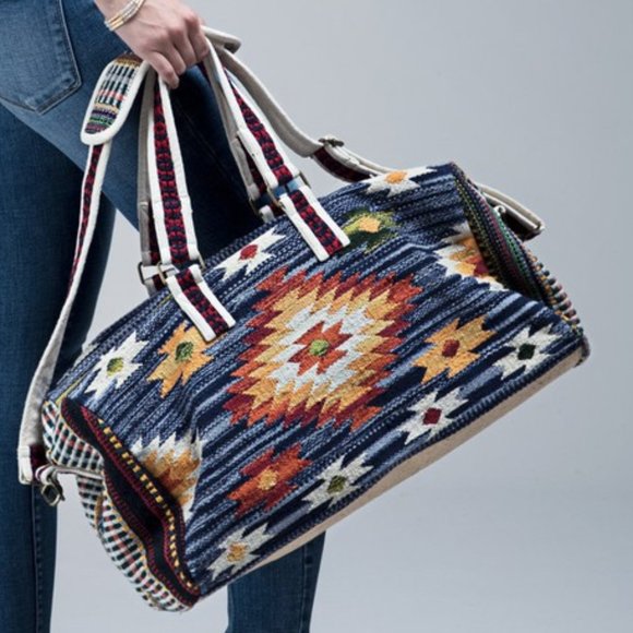 Mojave Aztec Kilim Tapestry Weekender Duffle Tote Bag in Navy