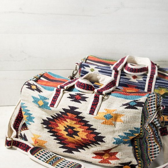 Mojave Aztec Kilim Tapestry Weekender Duffle Tote Bag in White