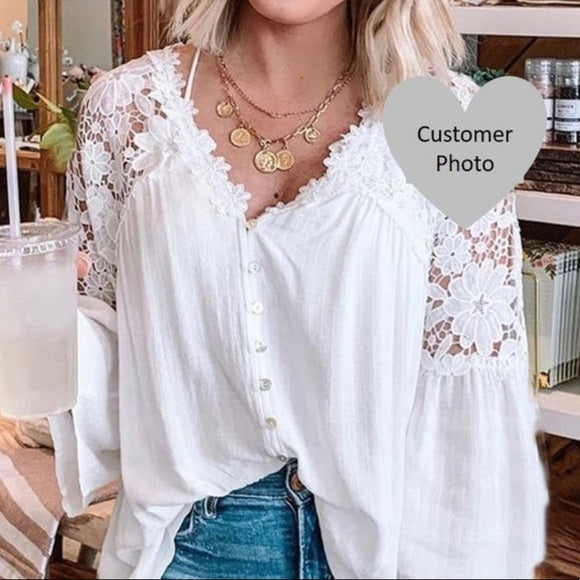 Roslyn White Lace Long Sleeve Button Front Blouse