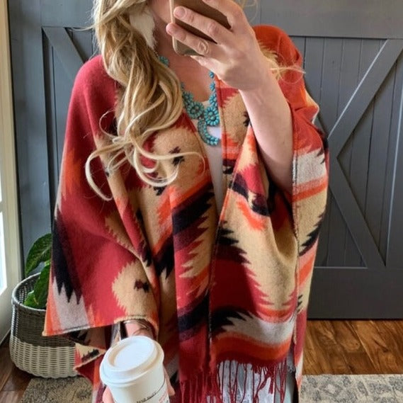 Cody Aztec Western Fringed Poncho Cardigan Sweater in Red