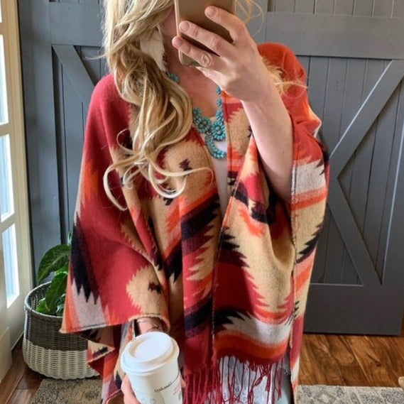 Cody Aztec Western Fringed Poncho Cardigan Sweater in Red