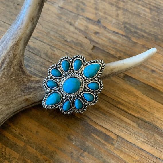 Western Turquoise Blossom Natural Turquoise Stone Silver Ring