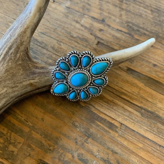 Western Turquoise Blossom Natural Turquoise Stone Silver Ring