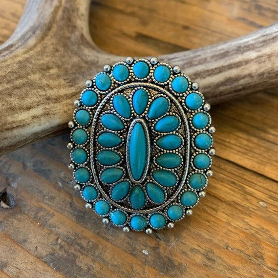 Western Turquoise Oversized Squash Blossom Silver Cuff Ring