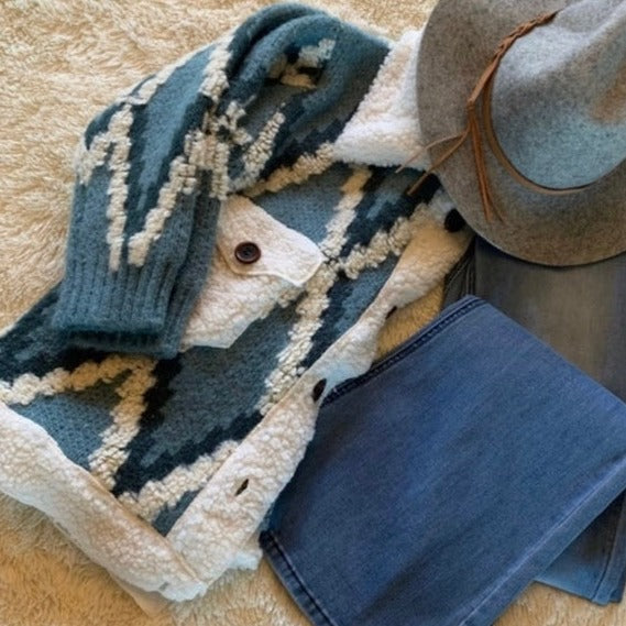 Montana Native Knit Sherpa Sweater Jacket in Blue