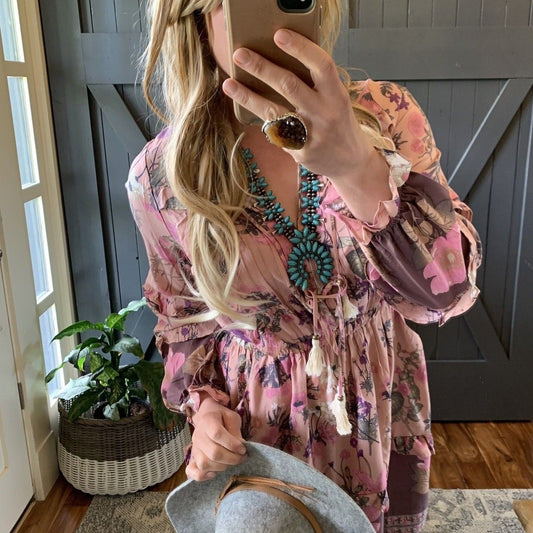 Hartville Floral Long Sleeve Western Dress In Pink